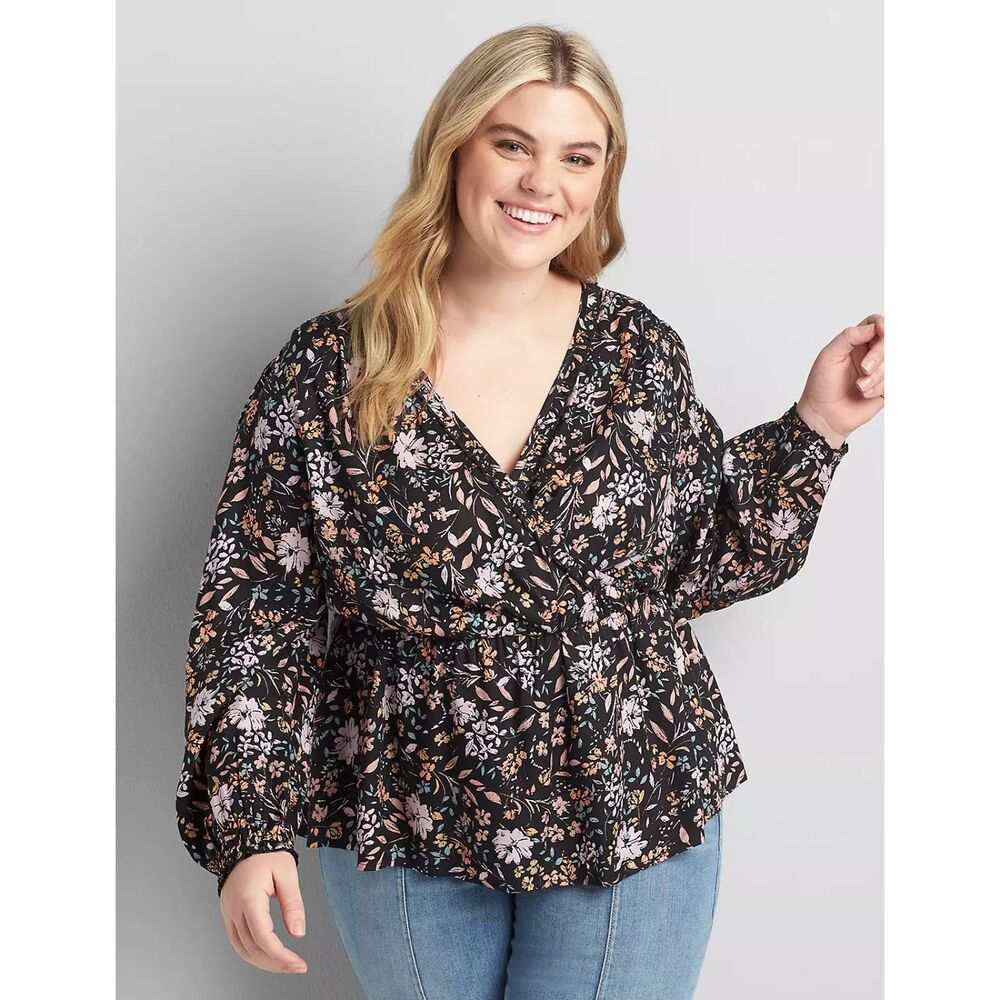 Lane Bryant Ruffle Surplice Peplum Blouse 22/24 Pink Floral Bloomcore Romantic